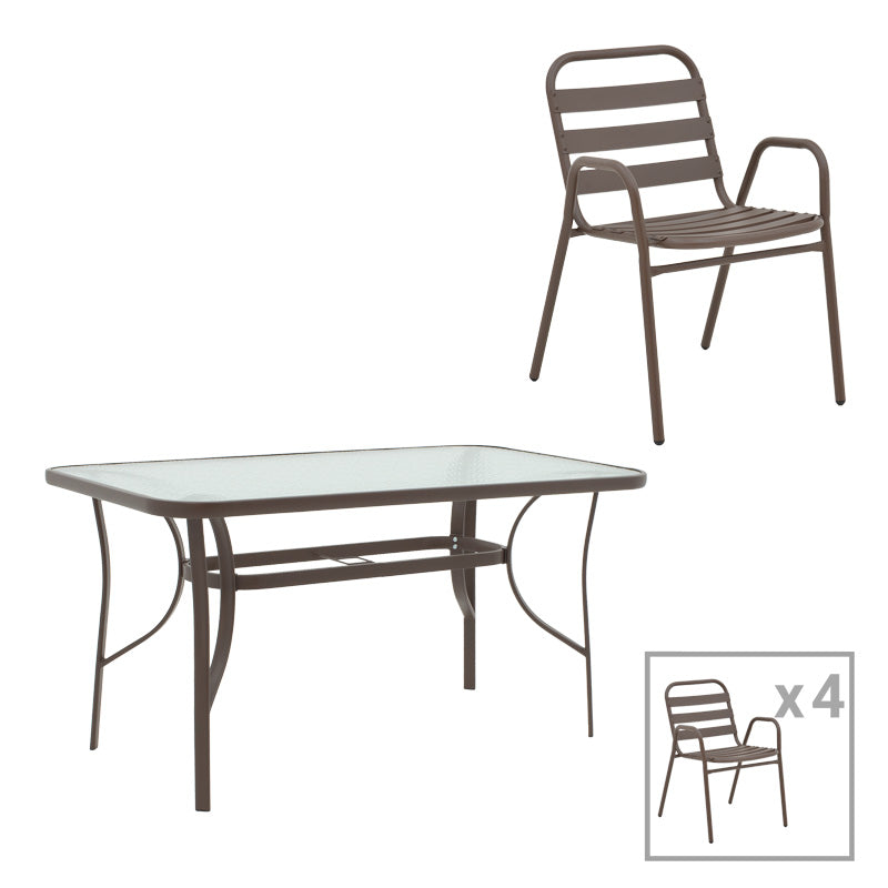 Set masă cu scaune Ensure-Sussie, metal, 140x80x70 cm, maro