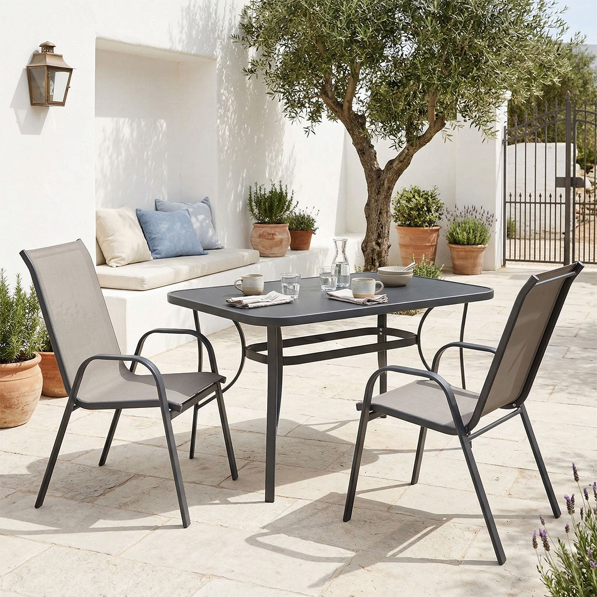 Set dining exterior Ensure Calan, 3 piese, Antracit, metal si sticla, 120x70x70 cm