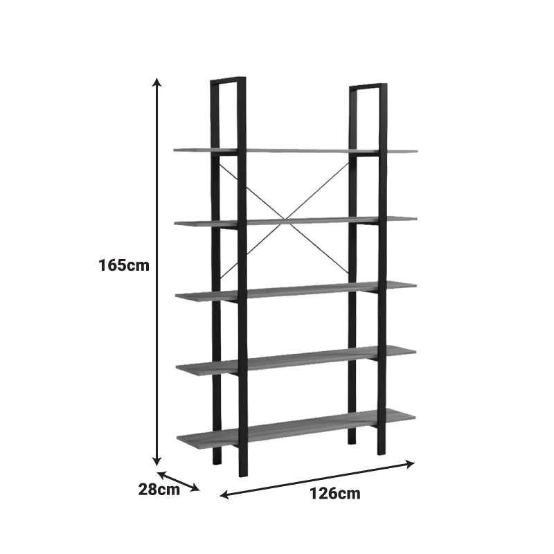 Bibliotecă cu rafturi Loftie , Stil Industrial, Metal Negru și Lemn Sonoma, 126x28x165cm.