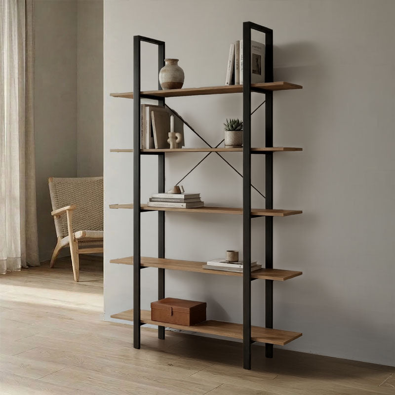 Bibliotecă cu rafturi Loftie , Stil Industrial, Metal Negru și Lemn Sonoma, 126x28x165cm.