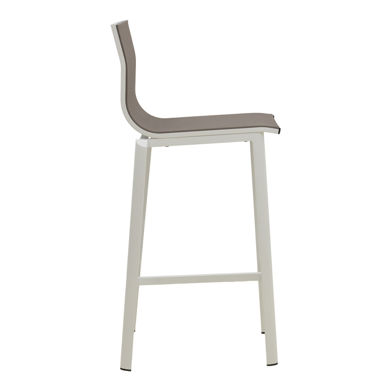 Scaun de bar stivuibil cu structură din aluminiu Melina, textil alb și gri, 57x52x106 cm
