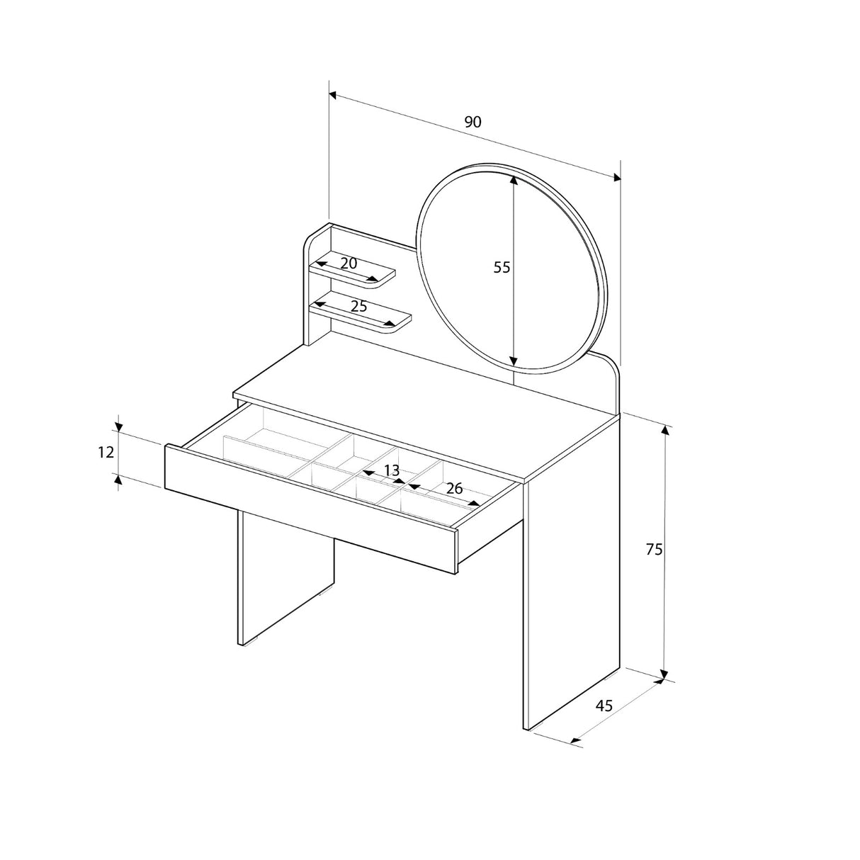 Masa de machiaj Adore cu sertar si oglinda , Crem, 90 x 138 x 45 cm