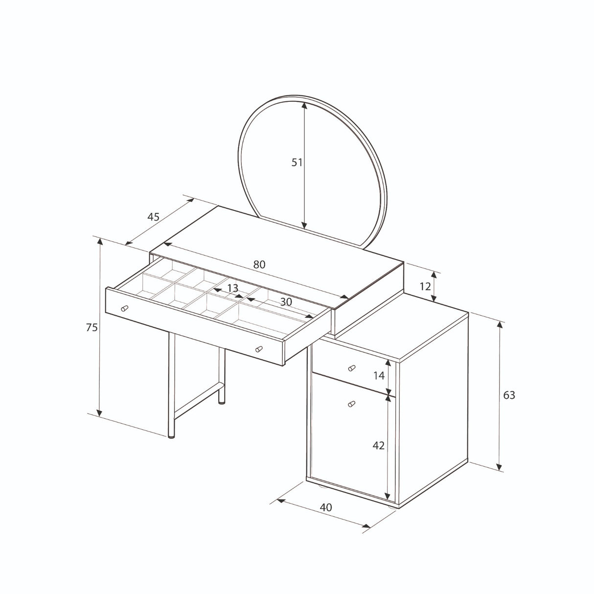 Masa de machiaj Adore Dior, 3 sertare cu oglinda , Crem, 108 x 130 x 47 cm