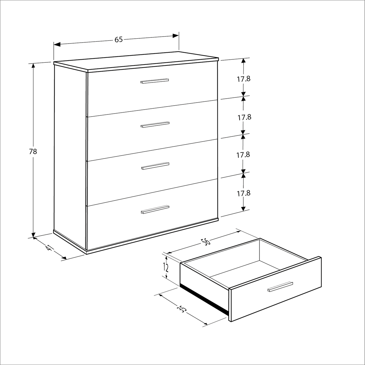 Comoda Adore White, 4 sertare, 65x78x41 cm - Stejar