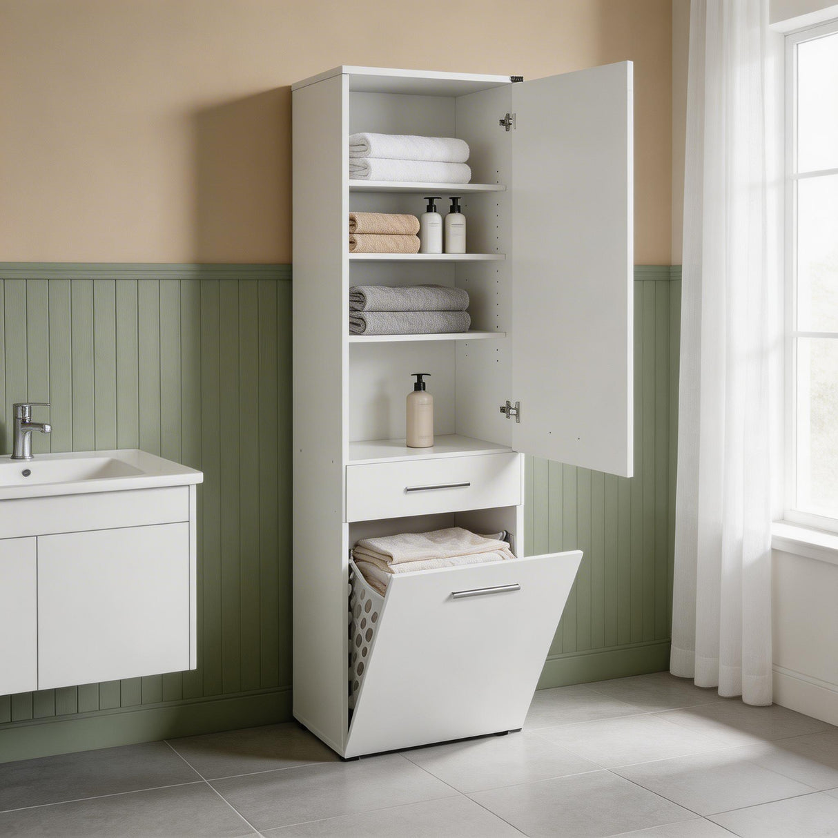 Dulap Baie cu cos de rufe Adore Diamond Maxi, Usa reversibila, Alb Lucios, 52x187x38 cm