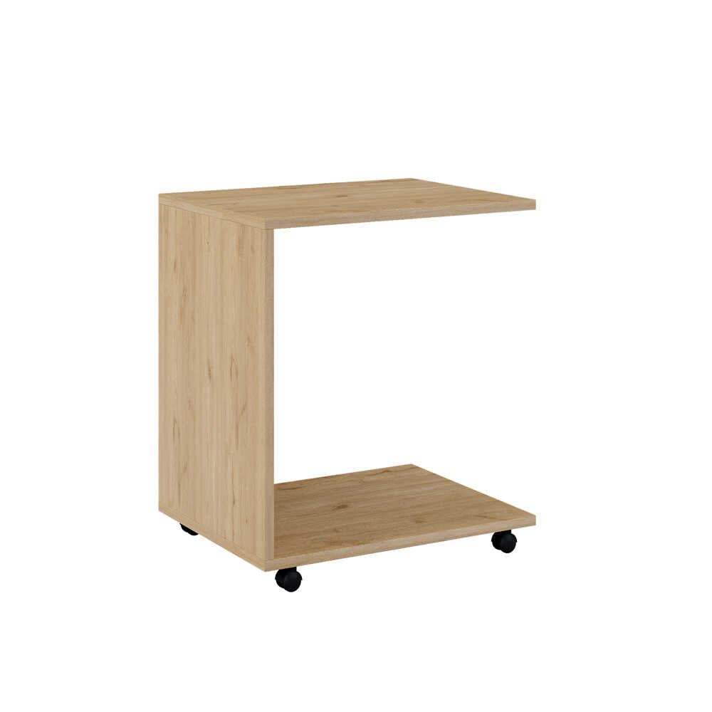 Masuta Cafea Laterala Adore C shape cu roti, Alb - Nuc - Stejar - Mov, 35x65x45 cm - Stejar