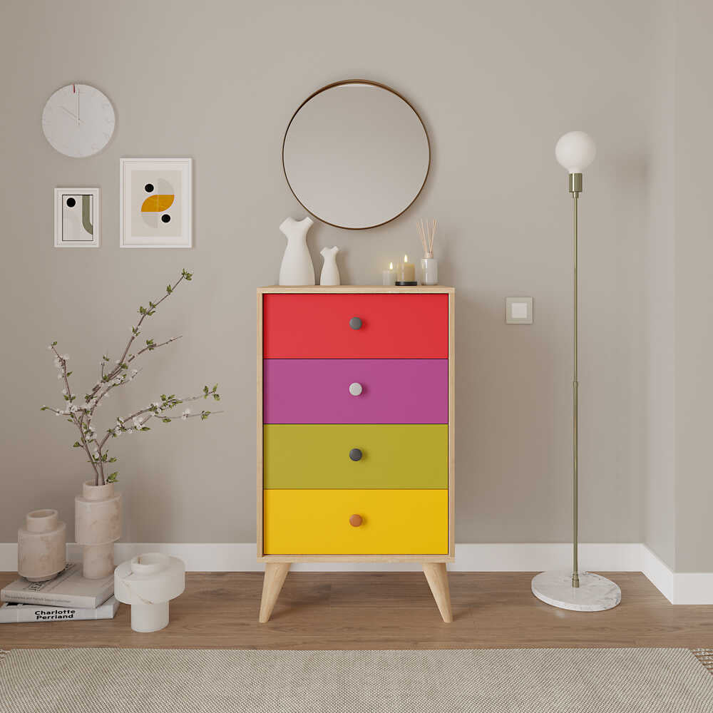 Comoda Adore Rainbow, 4 sertare, Multicolor/Sonoma, 60 x 104 x 45 cm