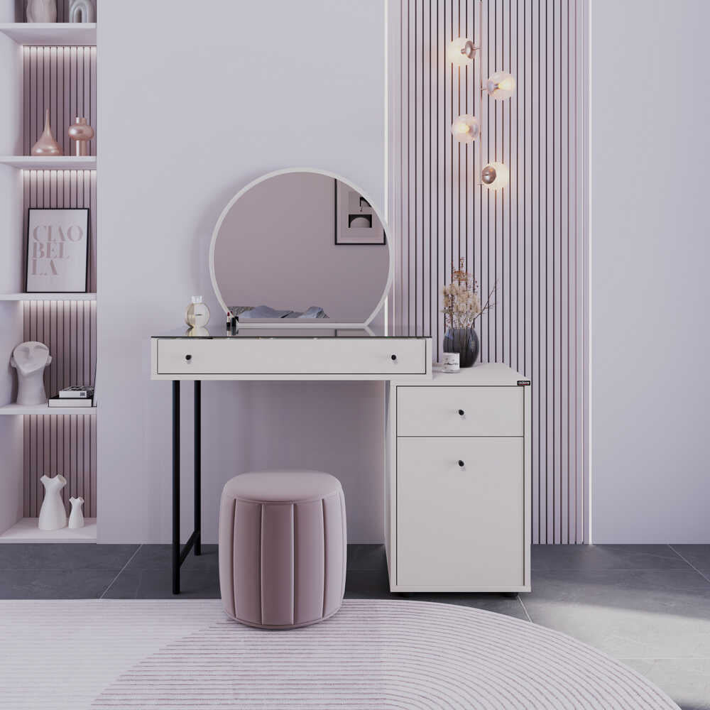 Masa de machiaj Adore Dior, 3 sertare cu oglinda , Crem, 108 x 130 x 47 cm