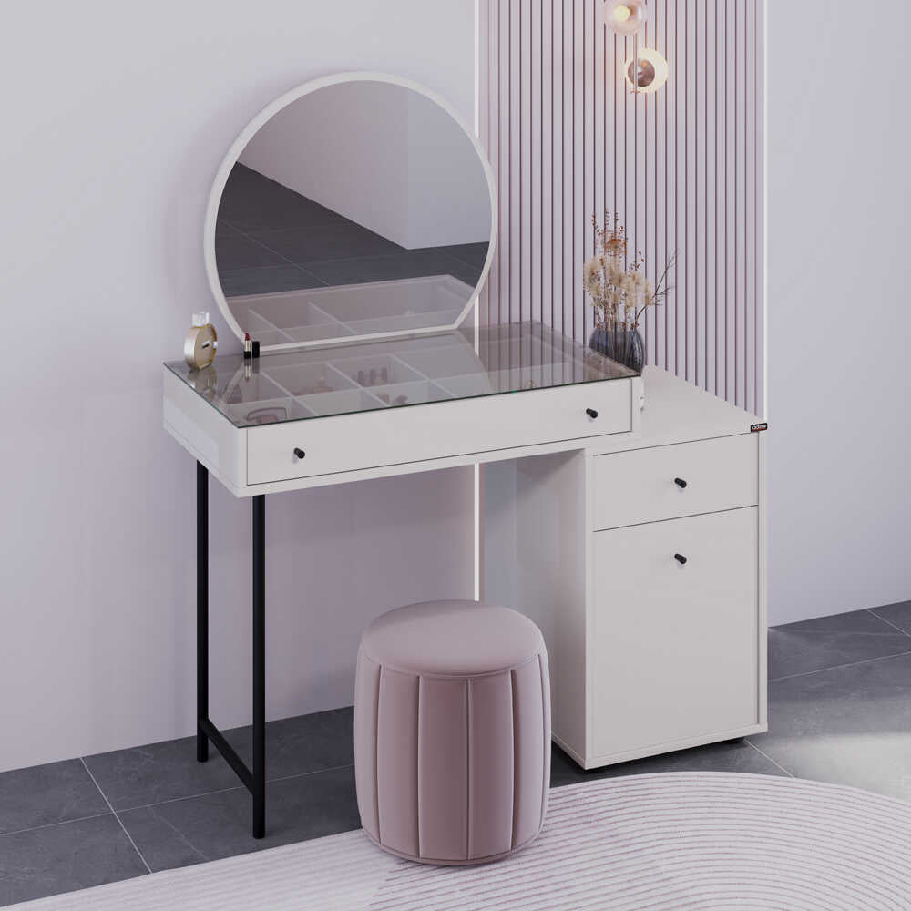 Masa de machiaj Adore Dior, 3 sertare cu oglinda , Crem, 108 x 130 x 47 cm