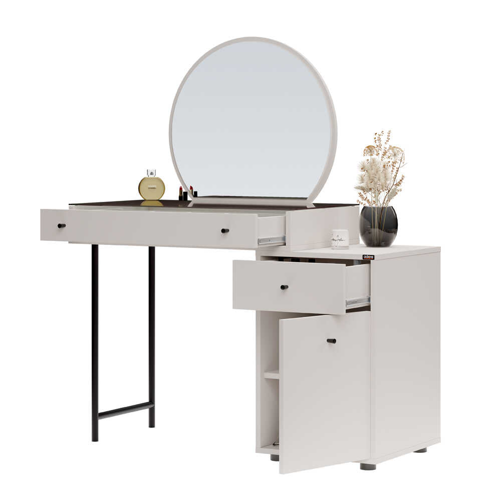 Masa de machiaj Adore Dior, 3 sertare cu oglinda , Crem, 108 x 130 x 47 cm