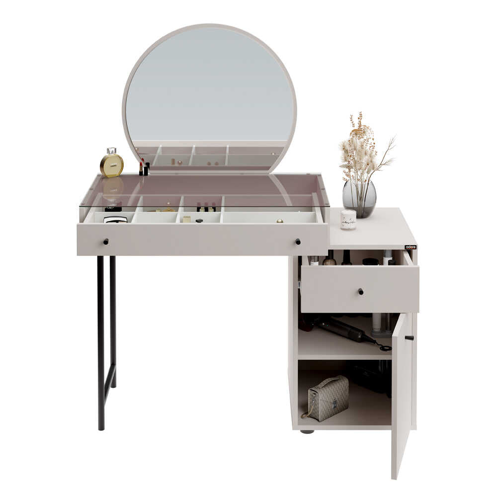 Masa de machiaj Adore cu sertar si oglinda , Crem, 90 x 138 x 45 cm