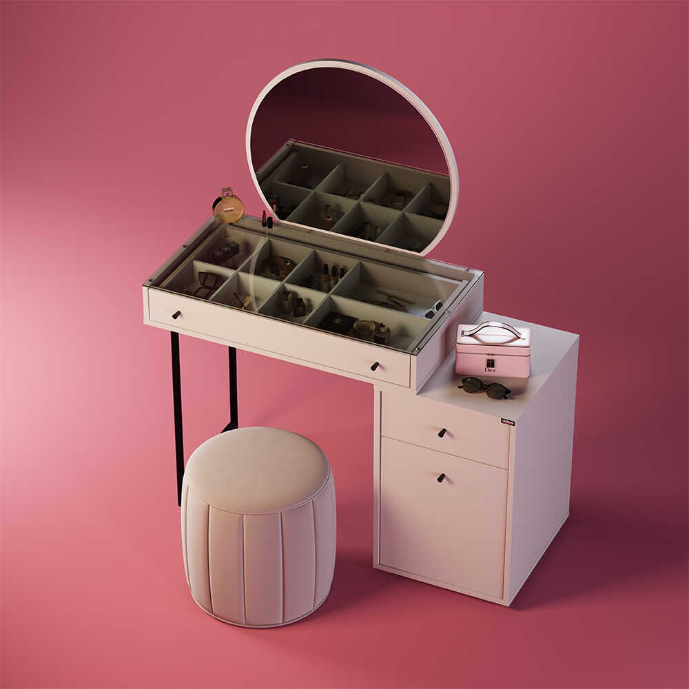 Masa de machiaj Adore Dior, 3 sertare cu oglinda , Crem, 108 x 130 x 47 cm