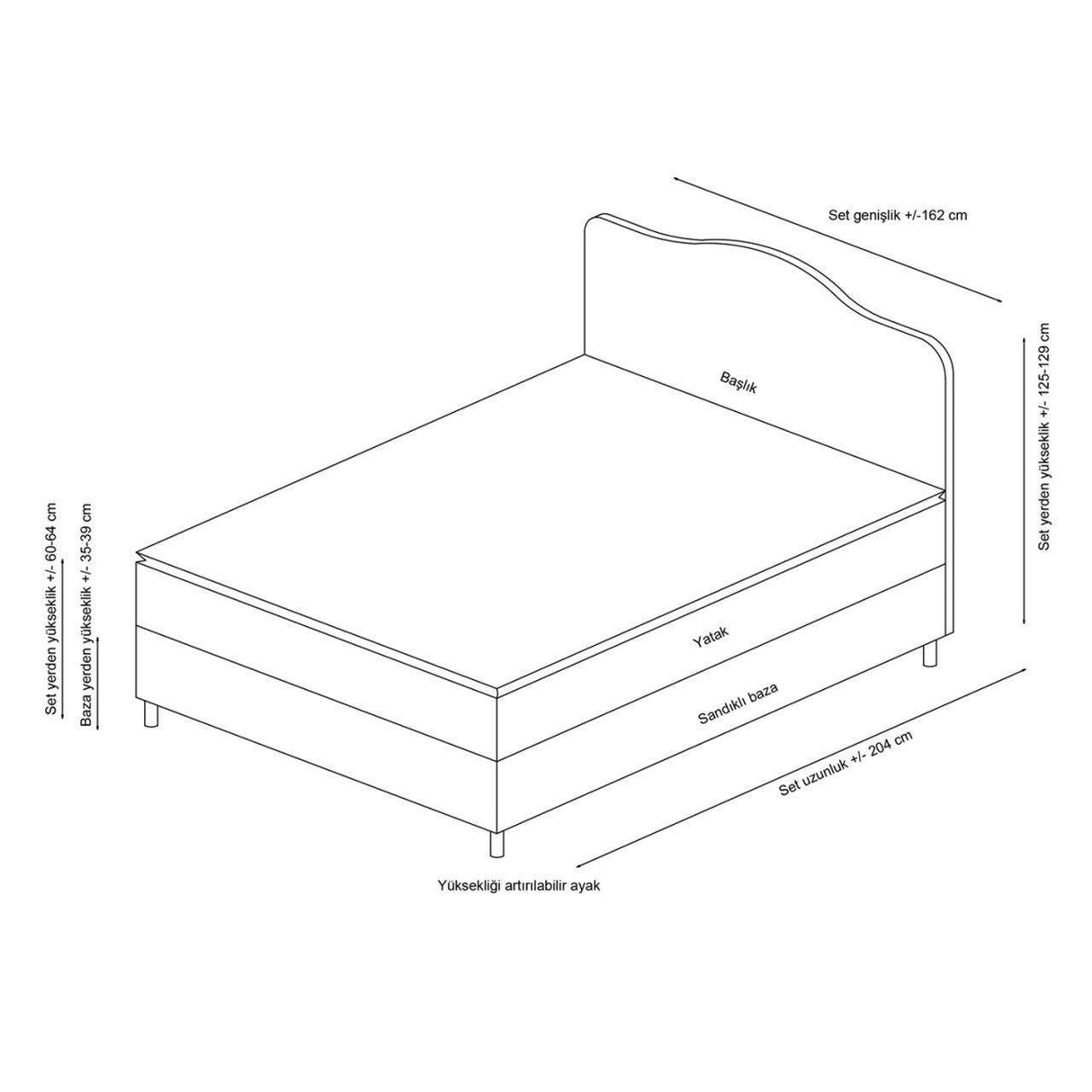 Baza pat dublu și tăblie Vassi, Gri, 150x125x200 cm