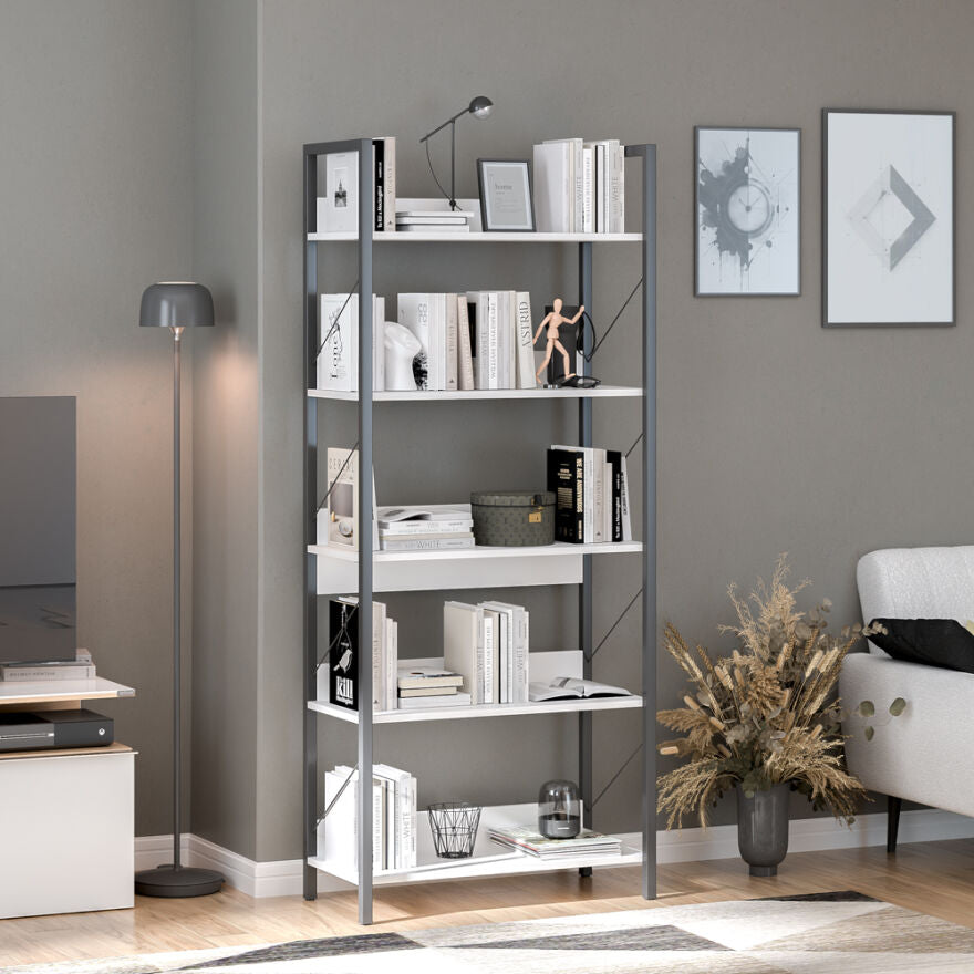 Biblioteca Adore Profile cu 5 rafturi, Alb - Maro - Stejar, 73x172x35 cm - Alb