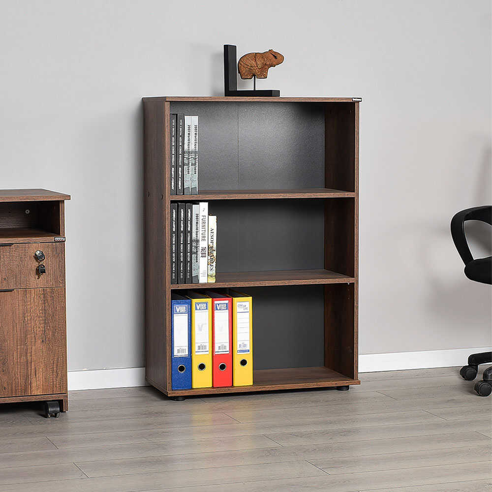 Biblioteca Adore Rio Mini, 3 rafturi, Alb - Nuc - Antracit, 72x109x34 cm - Nuc