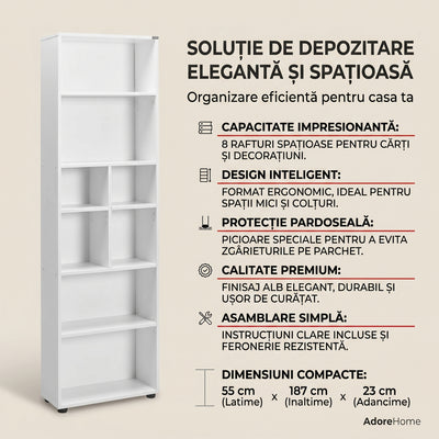Biblioteca Adore White, 8 rafturi, Alb, 55x187x23 cm, detaliu produs