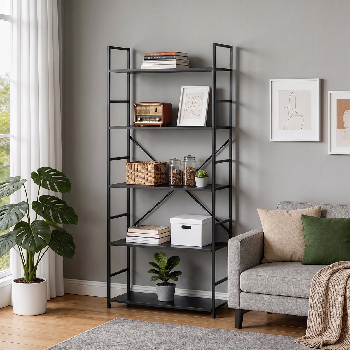 Biblioteca Manlo, Metal, 59x24x144 cm - Negru