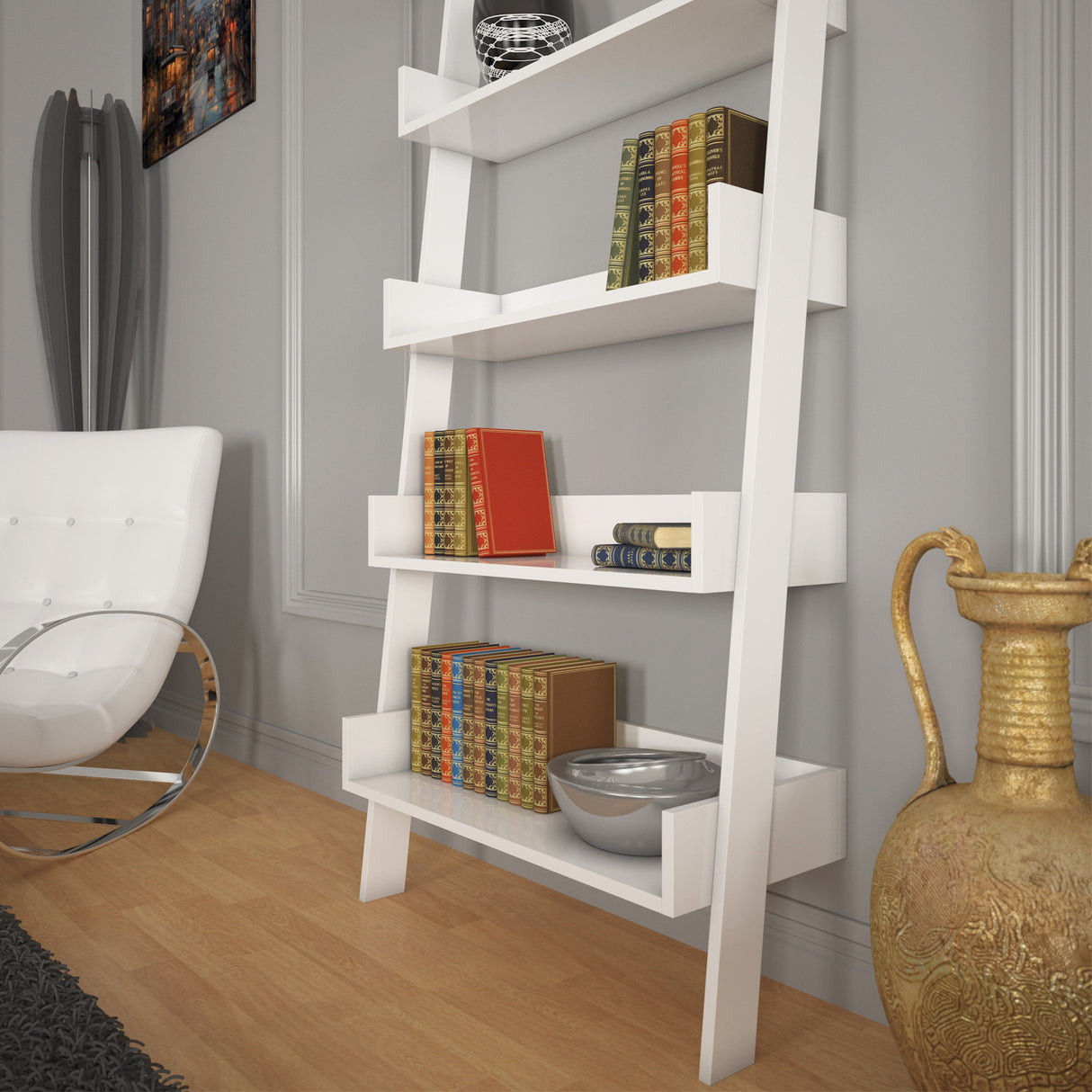 Bibliotecă Only Comforty, stejar - nuc - alb, 80x32x195 cm - Alb