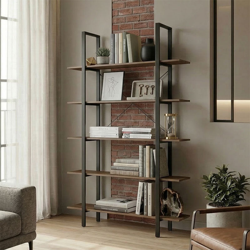 Bibliotecă-Raft cu design modern Varous, Industrial, Metal și Lemn, Nuc, 120x28x180 cm