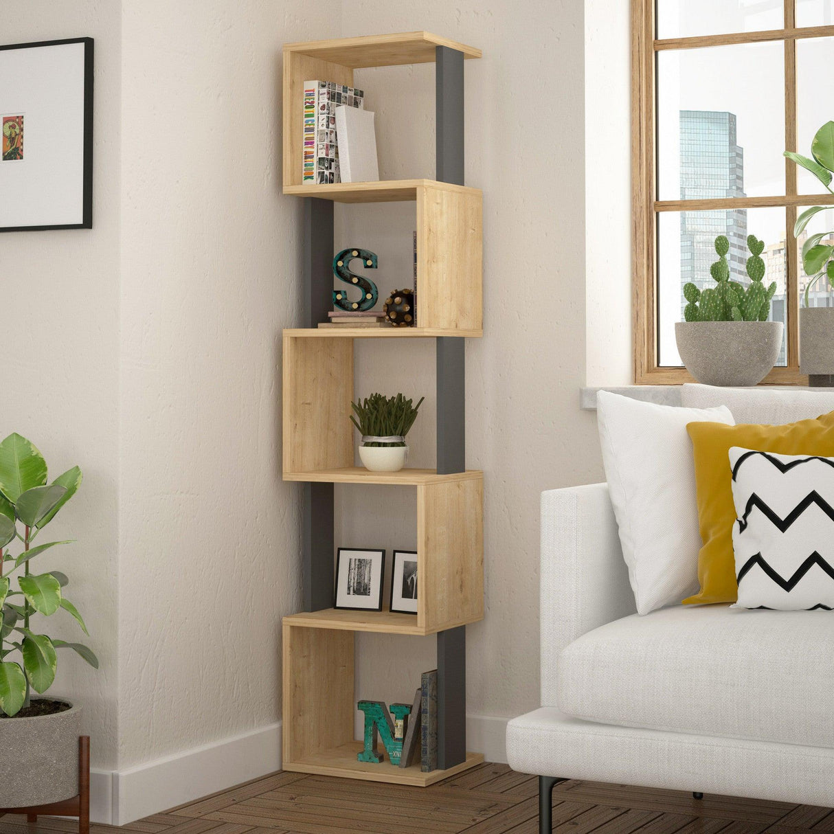 Biblioteca Slim Bran cu 5 rafturi, Bej, 35x161x30 cm