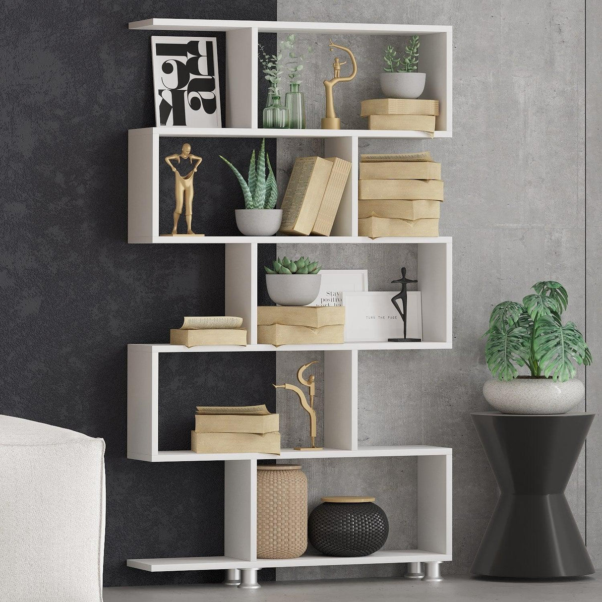 Biblioteca Vento, 6 rafturi, Alb, 90 x 155 x 20 cm