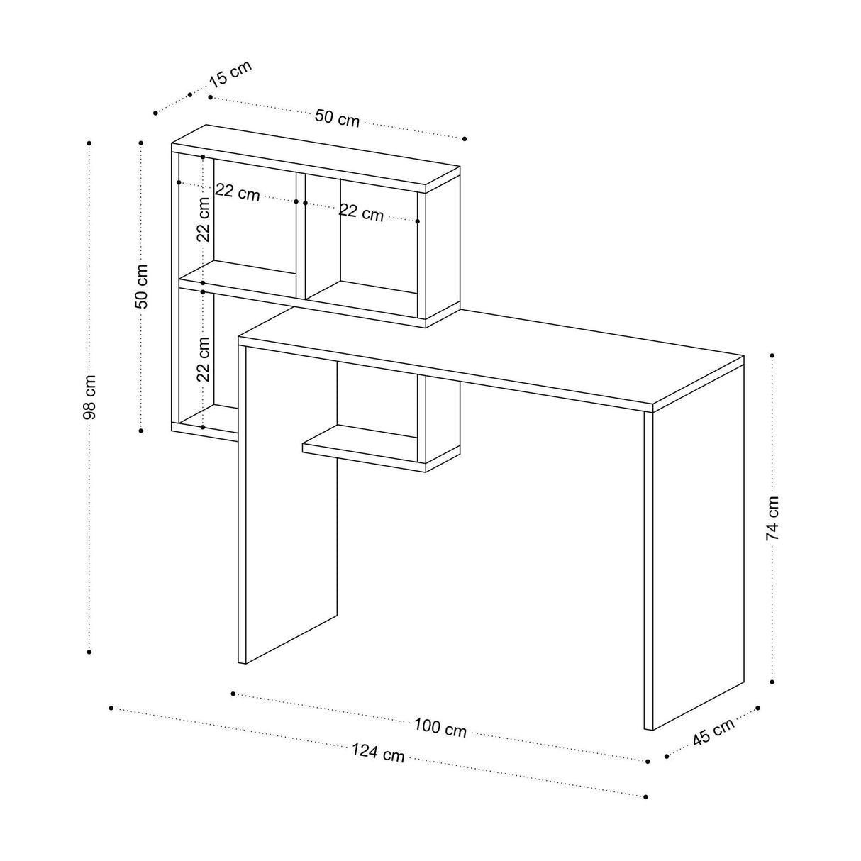 Birou Adell cu rafturi, Alb, 98 x 124 x 45 cm