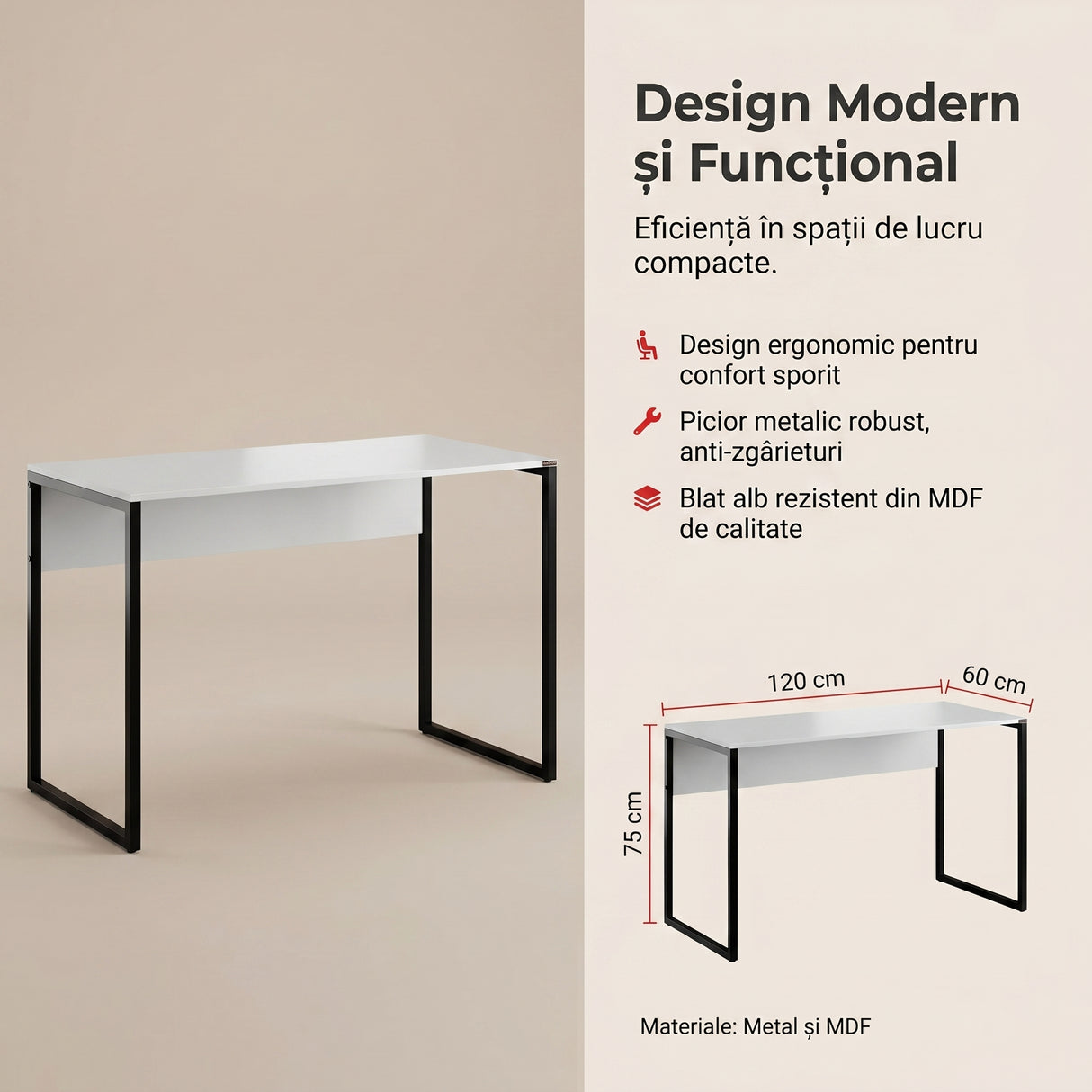 Birou Adore Connect cu picior metalic, 120x60x75 cm - Alb
