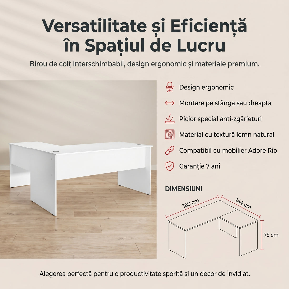 Birou Adore L Rio Office, Interschimbabil, Masa de colt, 160x75x144 cm - Alb