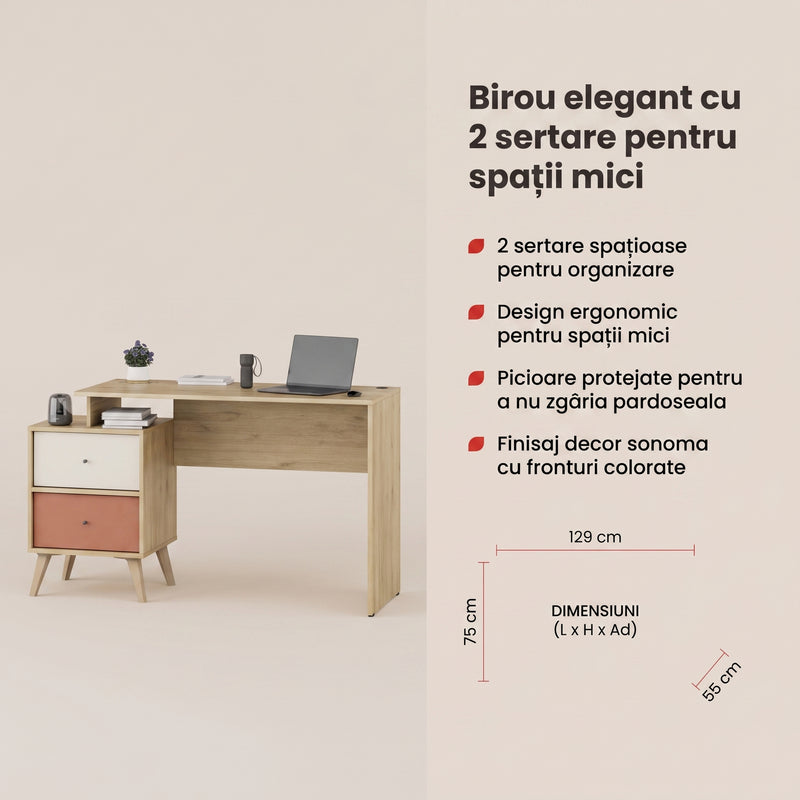 Birou Adore Tiffany, cu 2 sertare, Multicolor, 129x75x55 cm, detaliu produs