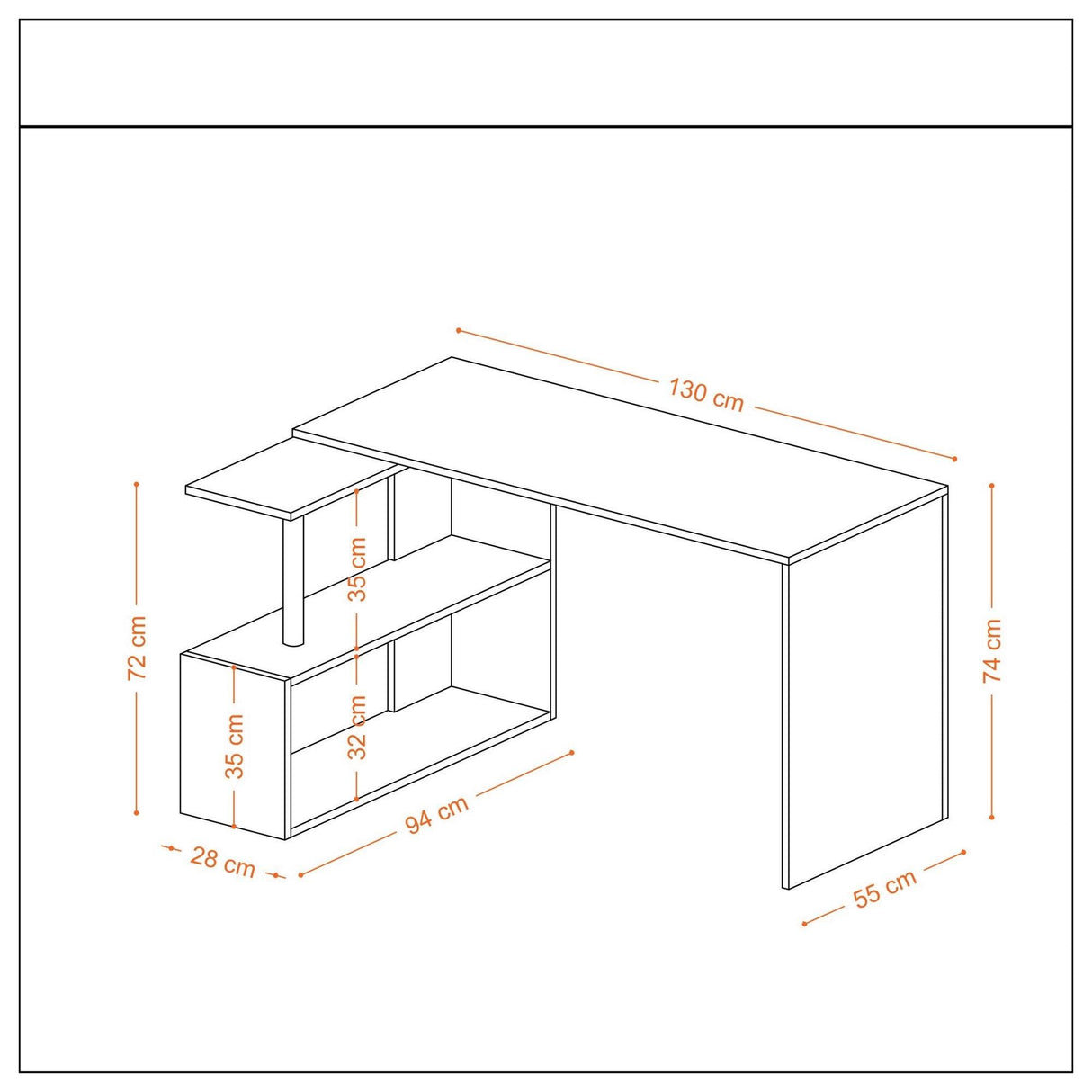 Birou Colt Estelle cu rafturi, Alb, 130 x 74 x 94 cm