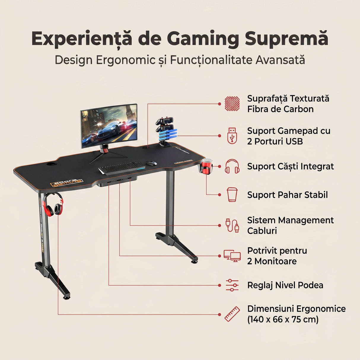 Birou Gaming Adore Carbon Series X9, suprafata carbon, mousepad, USB gamepad holder, suport pentru casti si pahar, cutie cabluri, 140x66x75 cm