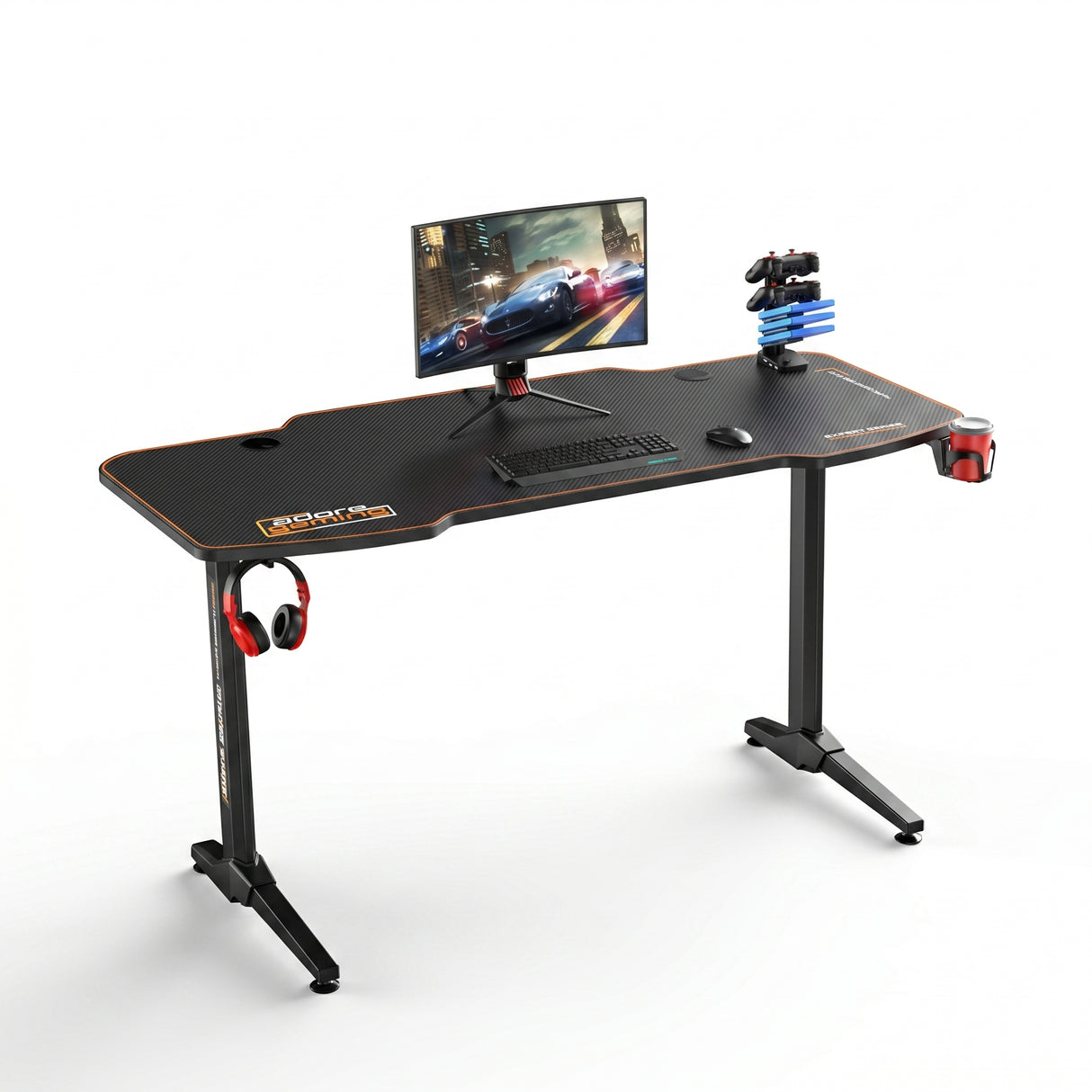 Birou Gaming Adore Carbon Series X9, suprafata carbon, mousepad, USB gamepad holder, suport pentru casti si pahar, cutie cabluri, 140x66x75 cm