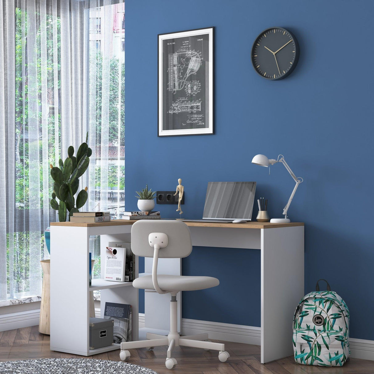 Birou Tip L Yusuf , Alb - Stejar, 120 x 75 x 50 cm