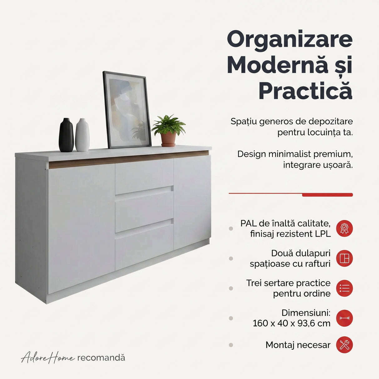 Bufet cu spatiu de depozitare Chiemo, Lemn, 160x40x93 cm