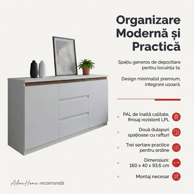 Bufet cu spatiu de depozitare Chiemo, Lemn, Alb, 160x40x93 cm, detaliu produs