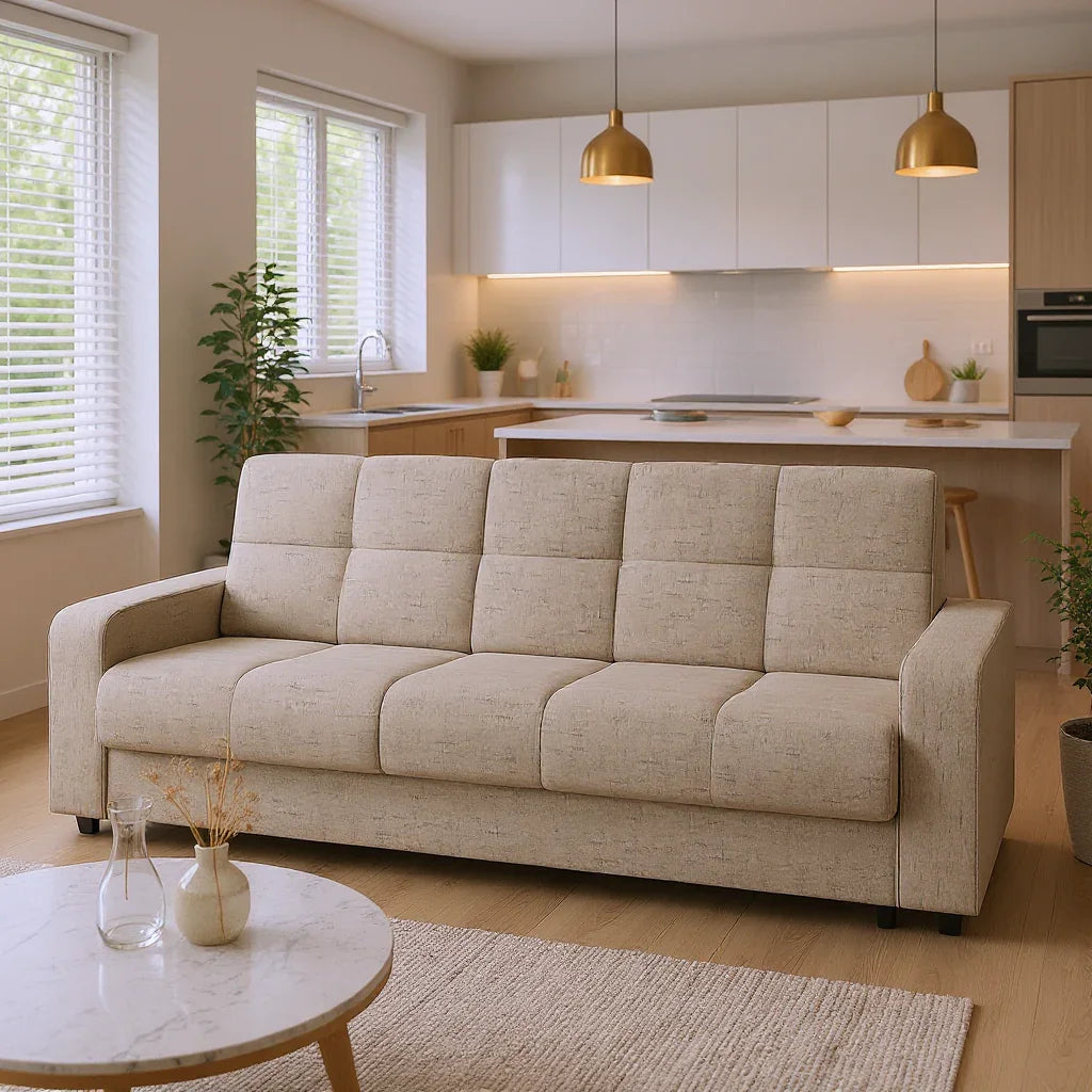 Canapea extensibila 3 locuri Thassos cu lada de depozitare, Bej - Maro, 220x70x90 cm - Bej