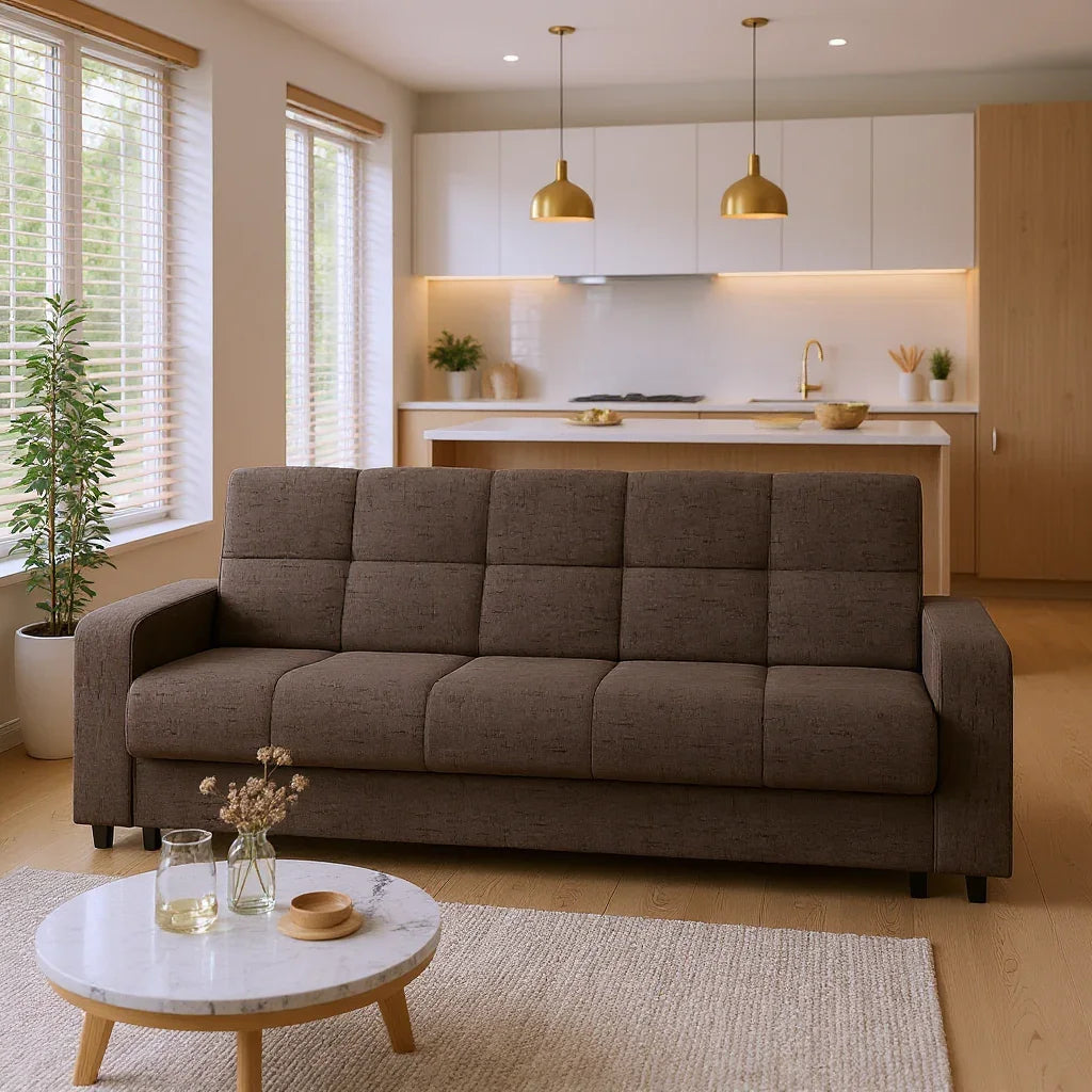 Canapea extensibila 3 locuri Thassos cu lada de depozitare, Bej - Maro, 220x70x90 cm - Maro