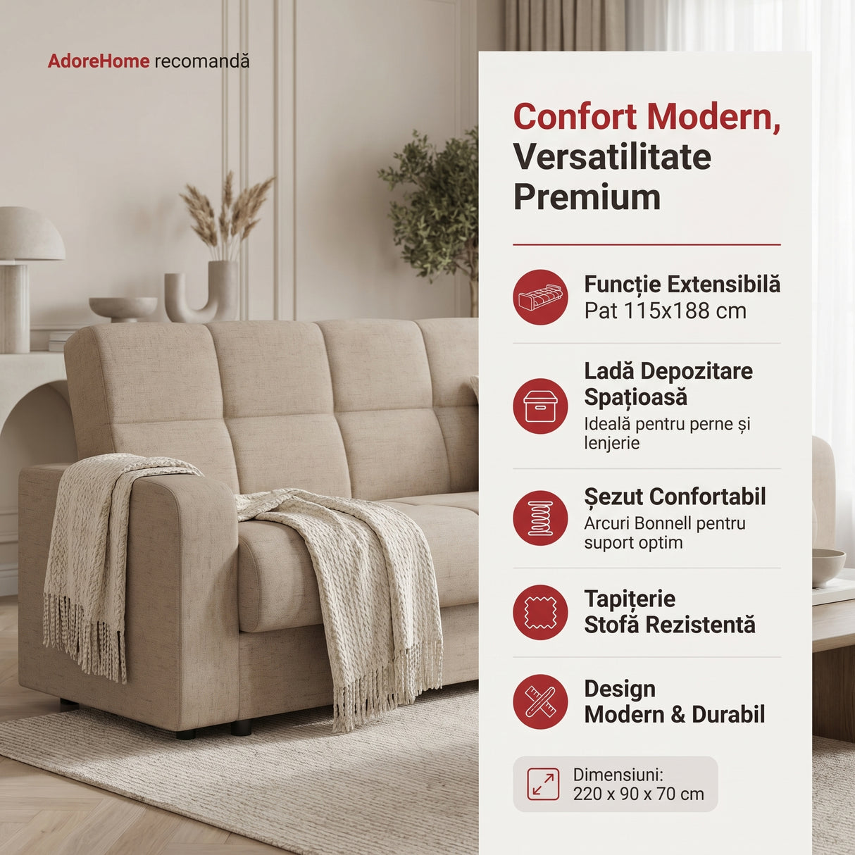 Canapea extensibila 3 locuri Thassos cu lada de depozitare, Bej - Maro, 220x70x90 cm - Bej
