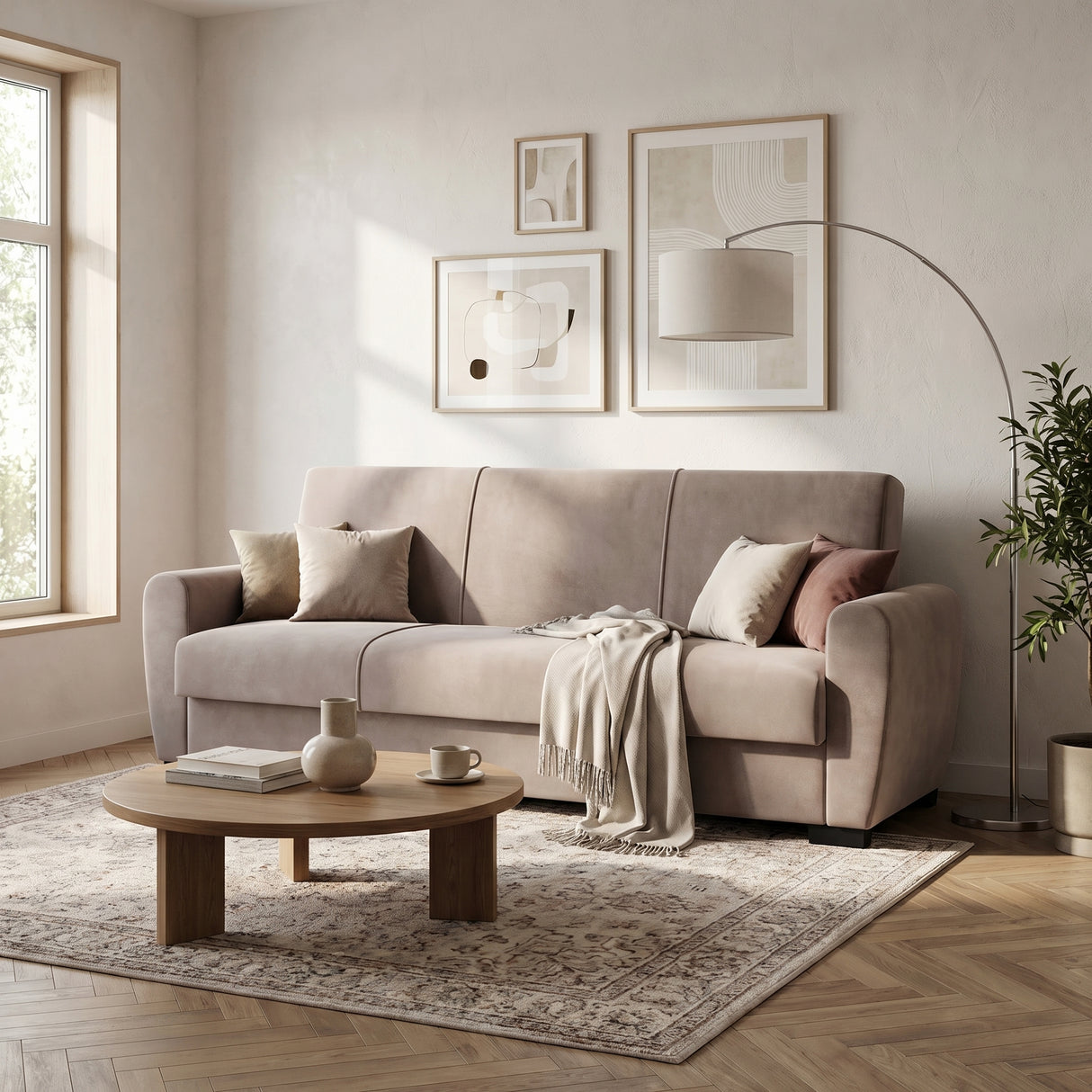 Canapea Extensibilă 3 locuri Valencia, cu ladă de depozitare, Bej - Gri, 220x68x90 cm - Bej