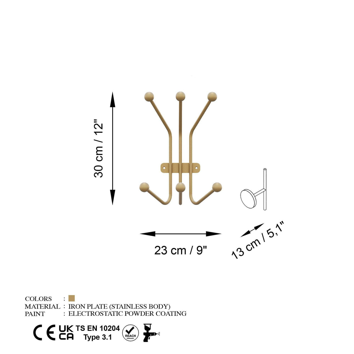 Cârlig de perete metalic Ant-A, Aur, 13x30x23 cm