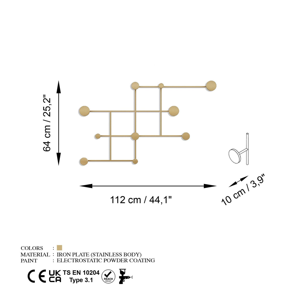 Cârlig de perete metalic Fatara-A, Aur, 10x64x112 cm