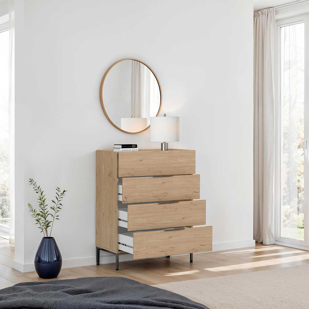 Comoda Adore Oryana, 4 sertare, Alb - Nuc - Stejar, 80x104x44 cm - Stejar