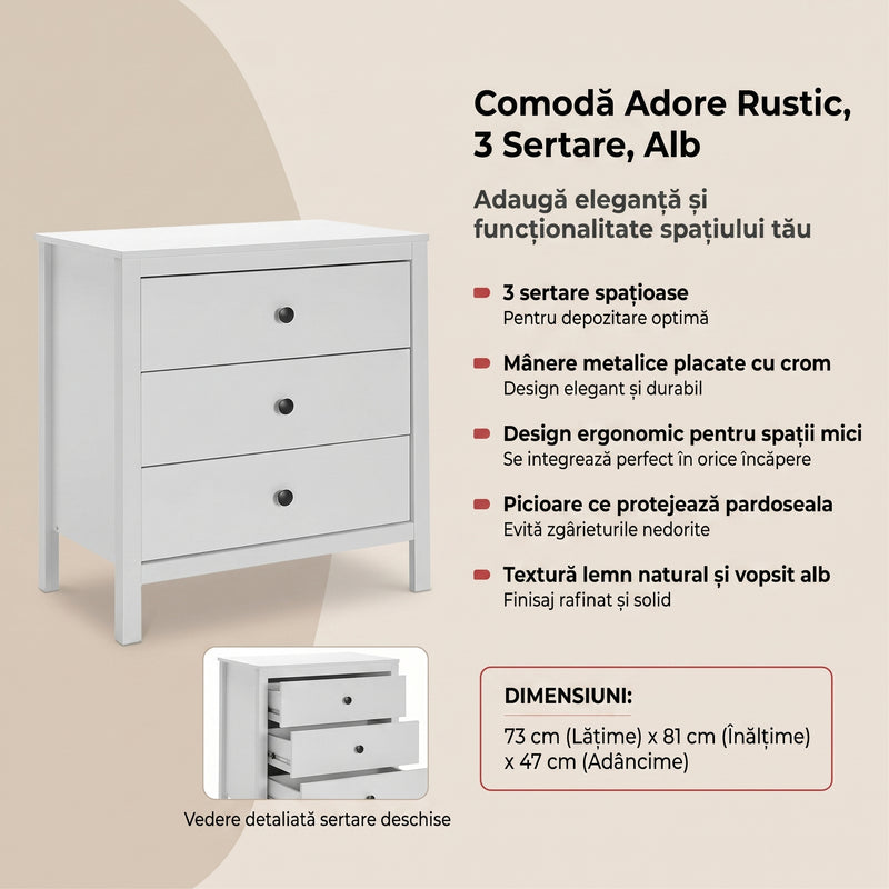 Comoda Adore Rustic, 3 sertare, Alb, 73x81x47 cm, imagine suplimentara