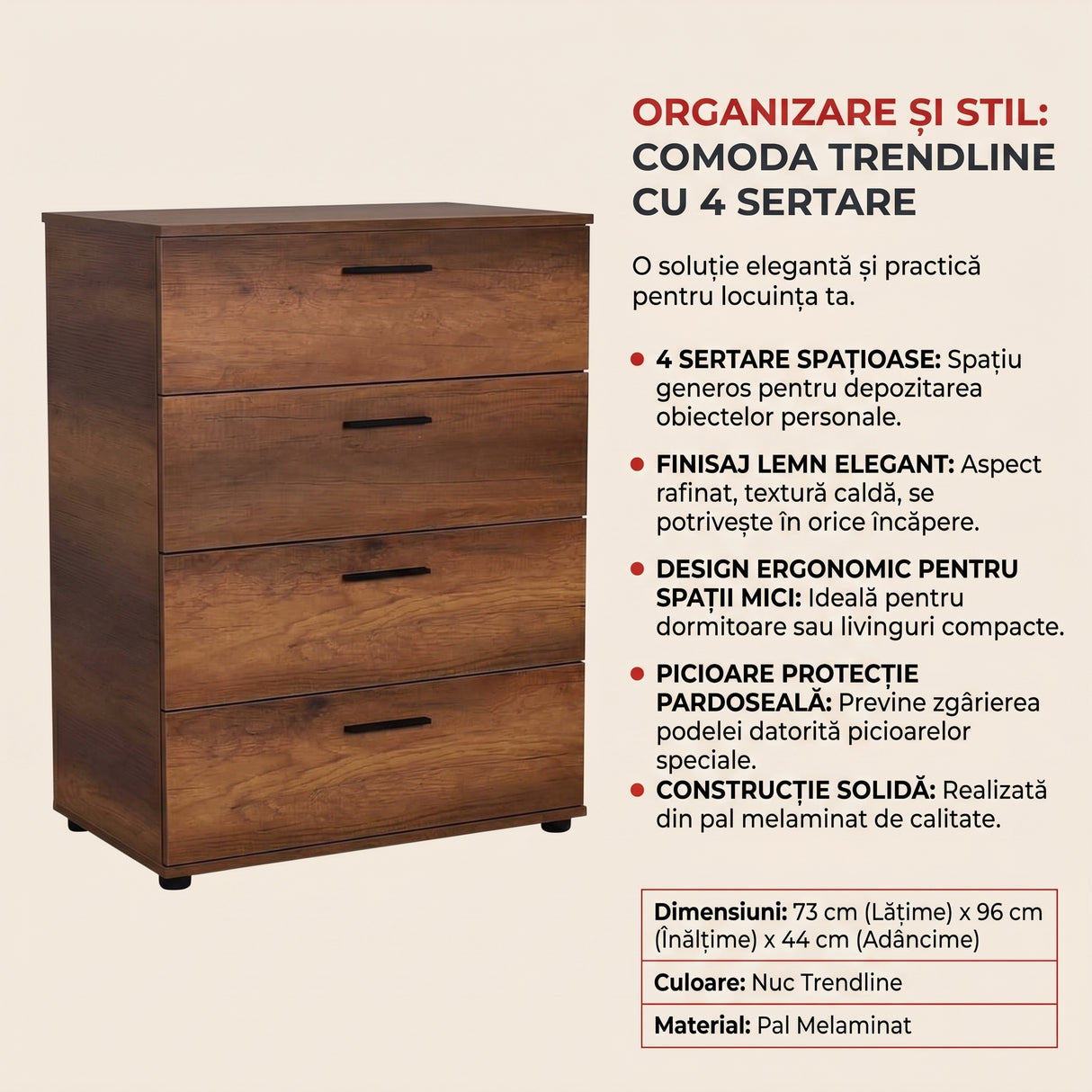 Comoda Adore Trendline, 4 sertare, Alb - Nuc, 73x96x44 cm - Nuc