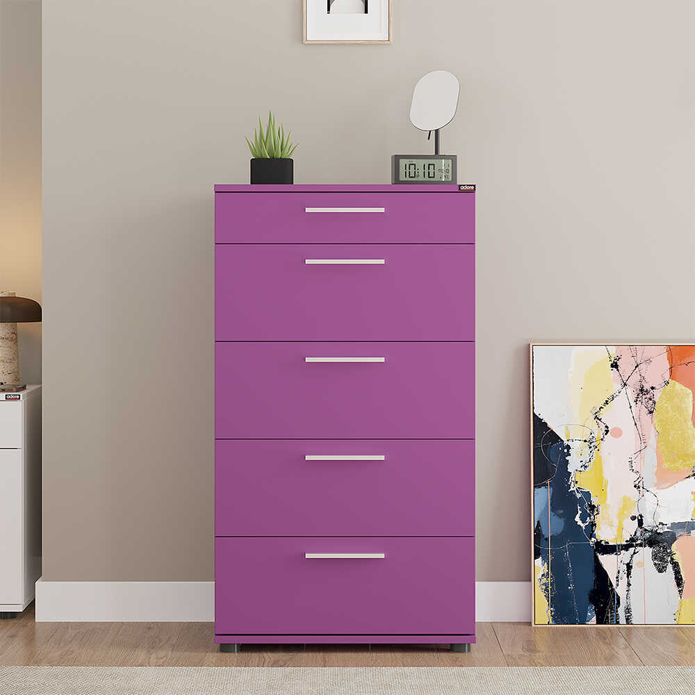 Comoda Adore Trendline cu 5 sertare, Alb - Maro - Stejar - Mov, 60x108x44 cm - Mov