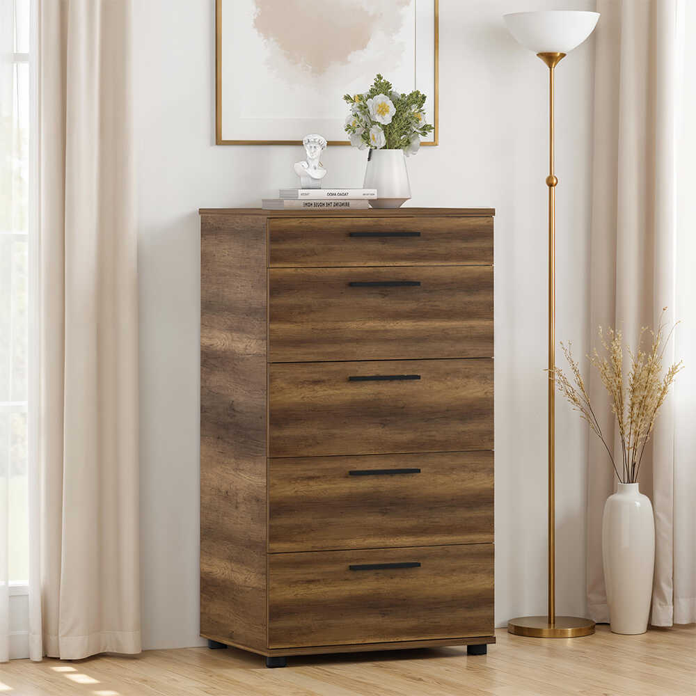 Comoda Adore Trendline cu 5 sertare, Alb - Maro - Stejar - Mov, 60x108x44 cm - Maro