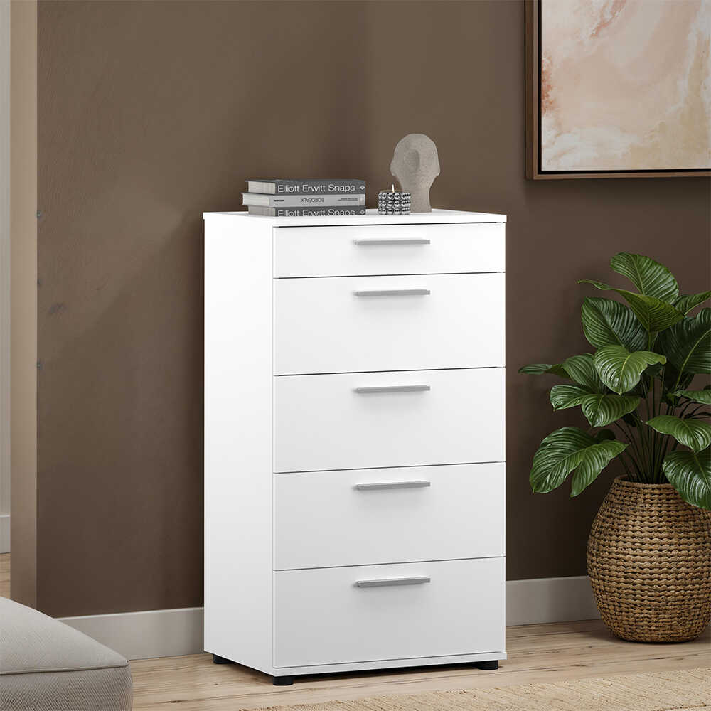 Comoda Adore Trendline cu 5 sertare, Alb - Maro - Stejar - Mov, 60x108x44 cm - Alb