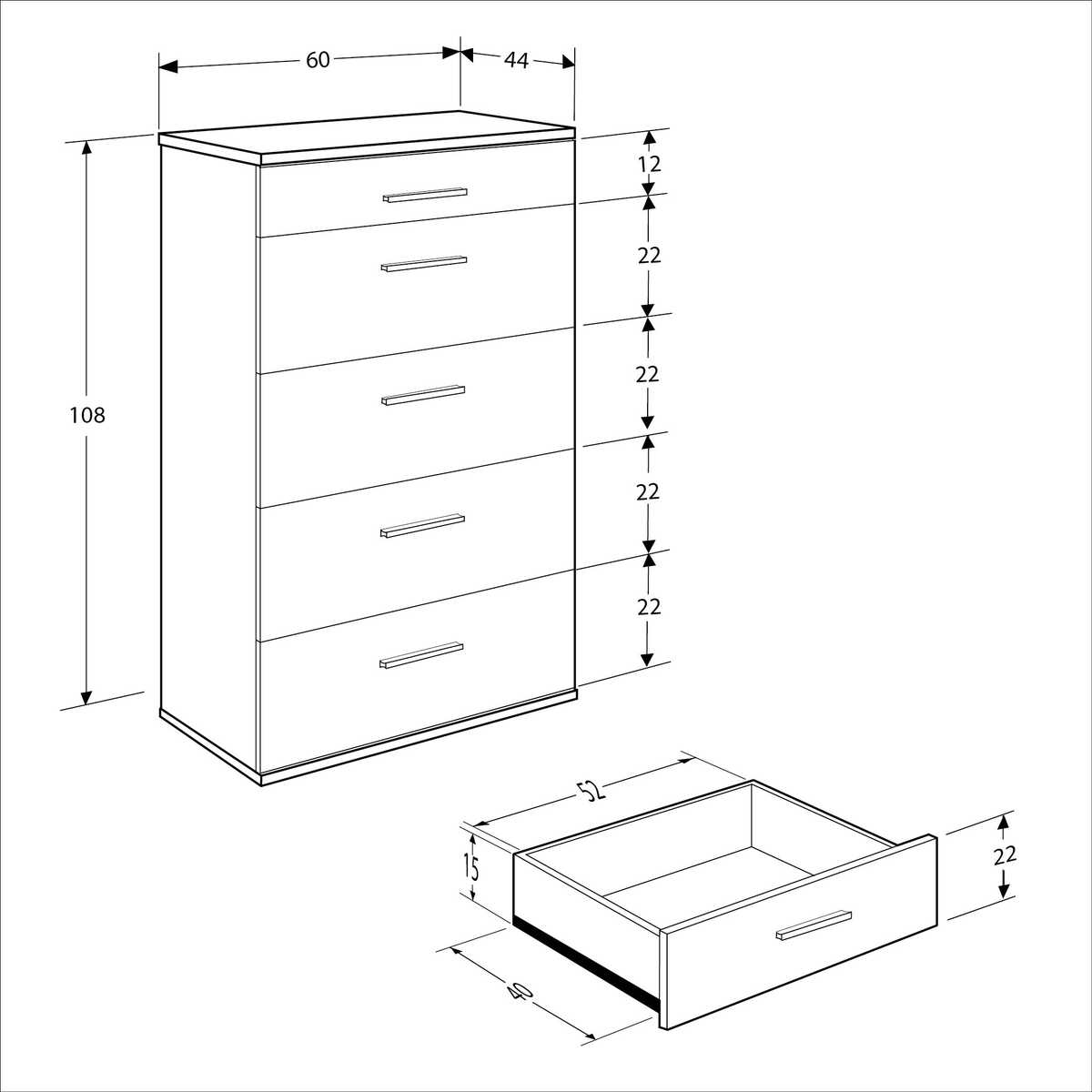 Comoda Adore Trendline cu 5 sertare, Alb - Maro - Stejar - Mov, 60x108x44 cm - Alb