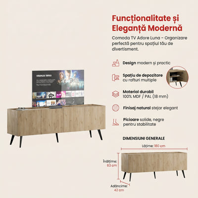 Comoda TV Adore Luna, Stejar, 180x63x42 cm, detaliu produs