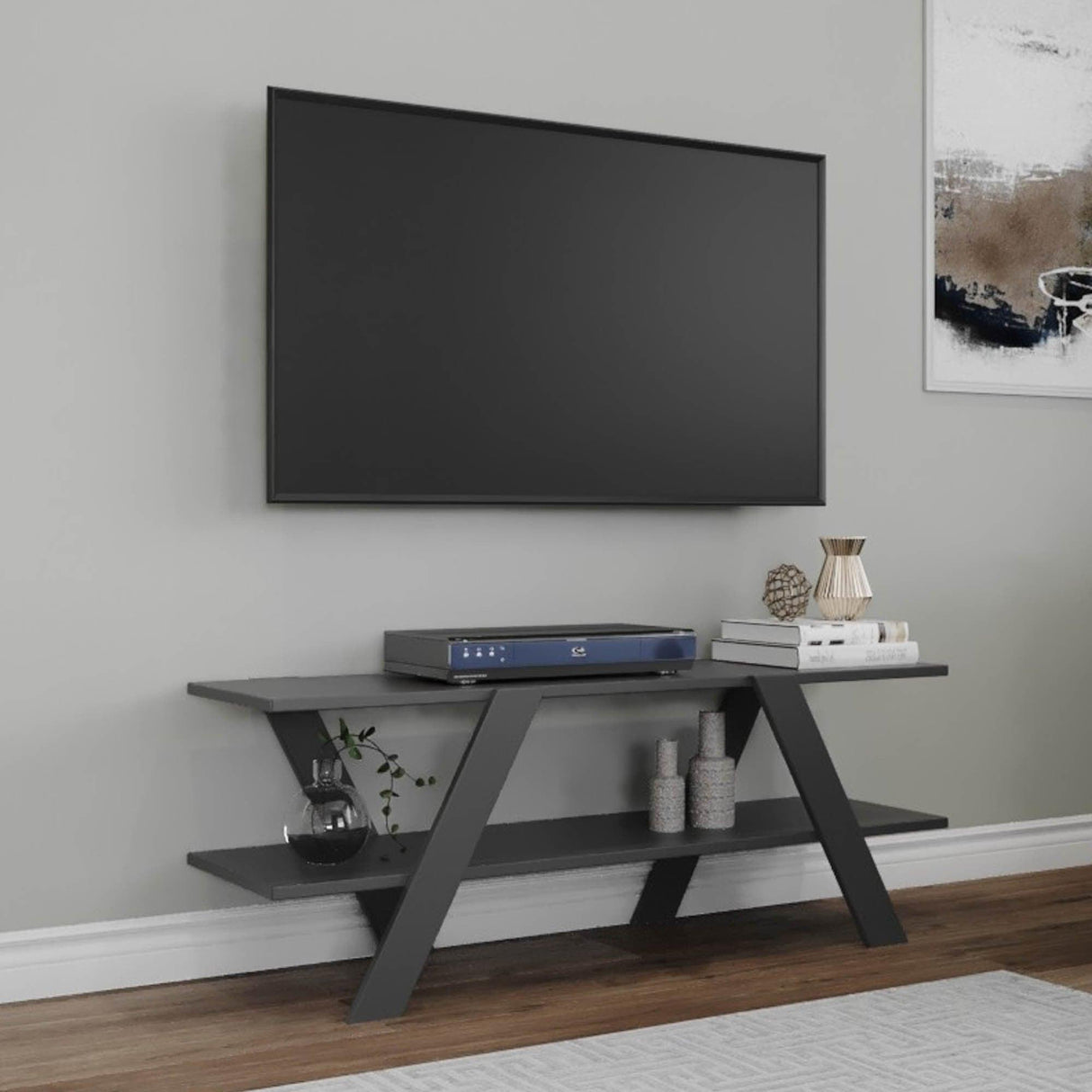 Comoda Tv April, Gri - Alb - Antracit - Nuc, 120x45x33 cm - Gri